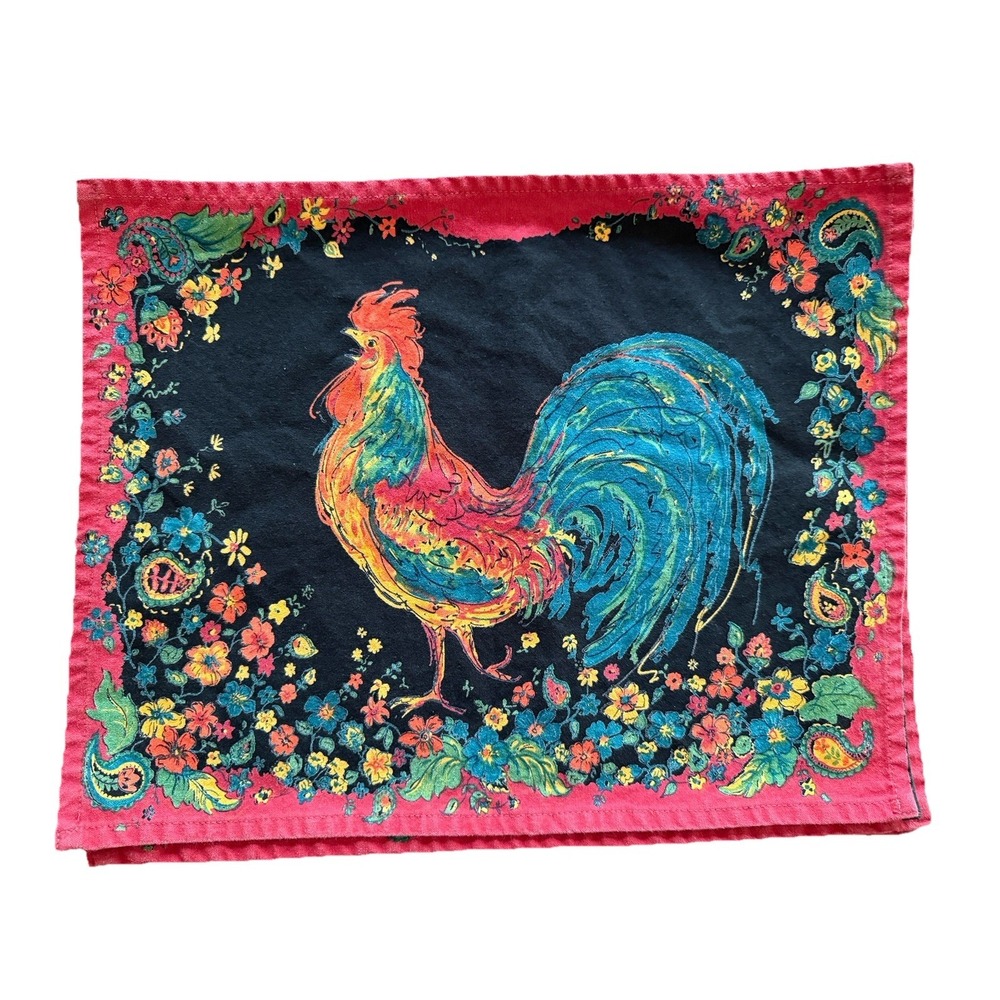 April Cornell Placemats Set 6 Rooster Floral French Country Black Red Cotton